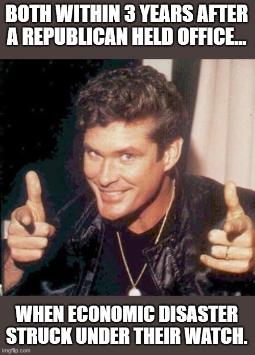 The Hoff thinks your awesome | BOTH WITHIN 3 YEARS AFTER A REPUBLICAN HELD OFFICE... WHEN ECONOMIC DISASTER STRUCK UNDER THEIR WATCH. | image tagged in the hoff thinks your awesome | made w/ Imgflip meme maker