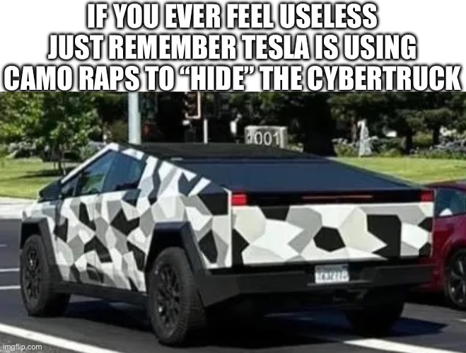 They’re doing it as joke, just thought i’d say in case Tesla somehow sees this and comes pounding on my door. | IF YOU EVER FEEL USELESS JUST REMEMBER TESLA IS USING CAMO RAPS TO “HIDE” THE CYBERTRUCK | image tagged in tesla,cybertruck | made w/ Imgflip meme maker
