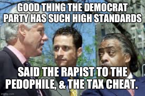 GOOD THING THE DEMOCRAT PARTY HAS SUCH HIGH STANDARDS SAID THE RAPIST TO THE
PEDOPHILE, & THE TAX CHEAT. | made w/ Imgflip meme maker
