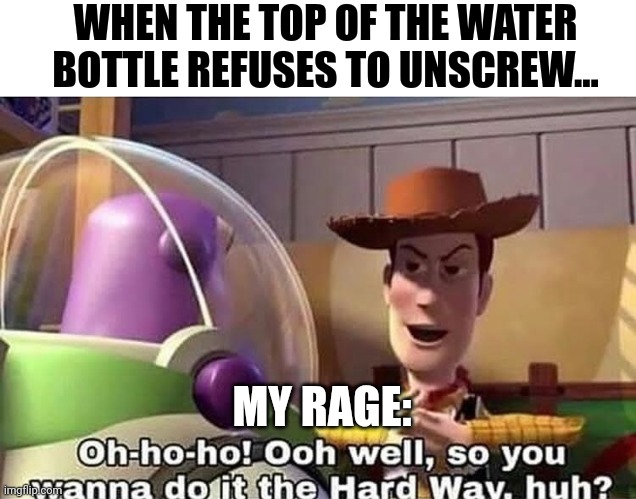 Bottle cap, I command you to come off!!! | WHEN THE TOP OF THE WATER BOTTLE REFUSES TO UNSCREW... MY RAGE: | image tagged in wanna do it the hard way | made w/ Imgflip meme maker