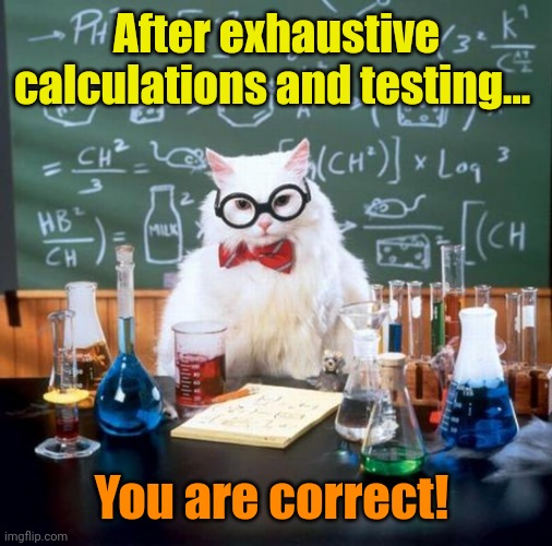 Chemistry Cat Meme | After exhaustive calculations and testing... You are correct! | image tagged in memes,chemistry cat | made w/ Imgflip meme maker