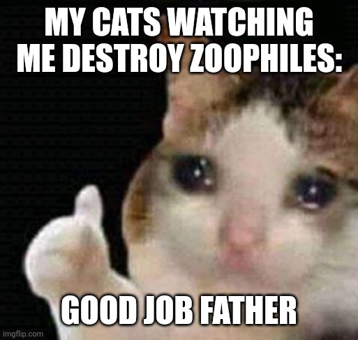 Cat Thumbs up | MY CATS WATCHING ME DESTROY ZOOPHILES: GOOD JOB FATHER | image tagged in cat thumbs up | made w/ Imgflip meme maker