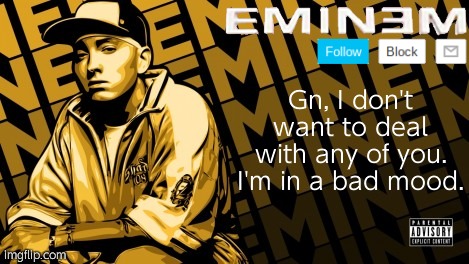 Eminem | Gn, I don't want to deal with any of you. I'm in a bad mood. | image tagged in eminem | made w/ Imgflip meme maker