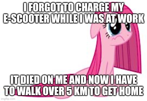 YYYYY | I FORGOT TO CHARGE MY E-SCOOTER WHILE I WAS AT WORK; IT DIED ON ME AND NOW I HAVE TO WALK OVER 5 KM TO GET HOME | image tagged in pinkie pie very sad | made w/ Imgflip meme maker