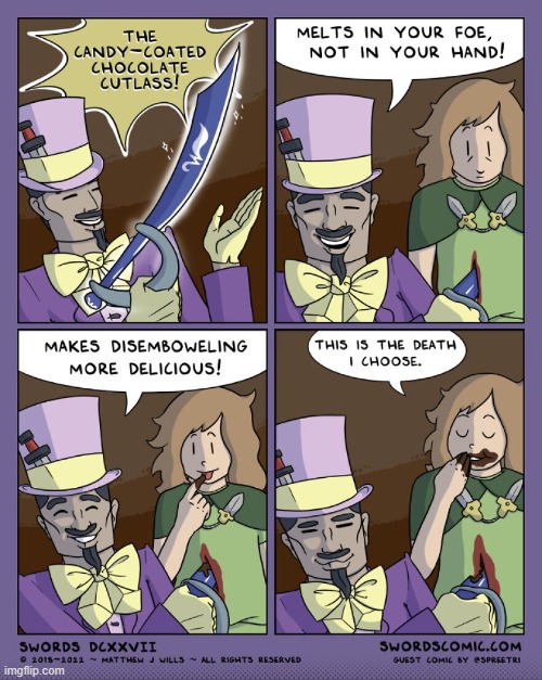 image tagged in swords,willy wonka,candy,chocolate,cutlass,delicious | made w/ Imgflip meme maker