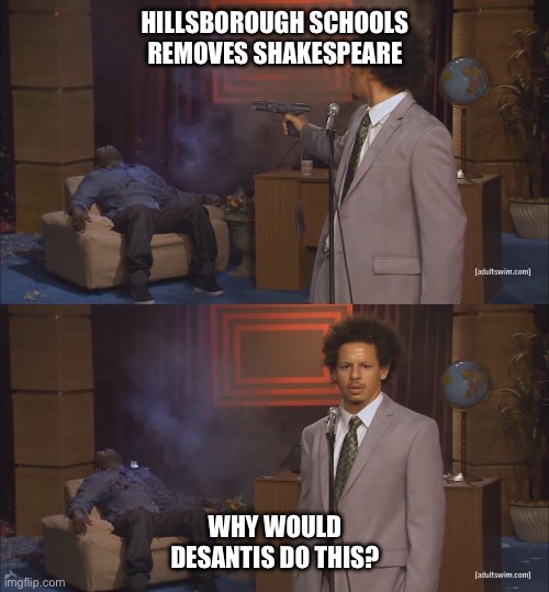 gunshot meme | HILLSBOROUGH SCHOOLS REMOVES SHAKESPEARE; WHY WOULD DESANTIS DO THIS? | image tagged in gunshot meme | made w/ Imgflip meme maker