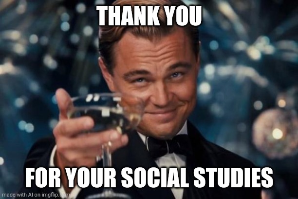 Leonardo Dicaprio Cheers | THANK YOU; FOR YOUR SOCIAL STUDIES | image tagged in memes,leonardo dicaprio cheers | made w/ Imgflip meme maker