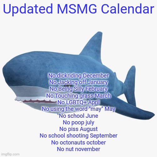 annoucnment temp | Updated MSMG Calendar; No dickriding December
No Jacking off January
No Being Silly February
No Touching grass March
No LGBTQ+ April
No using the word "may" May
No school June
No poop july
No piss August
No school shooting September
No octonauts october
No nut november | image tagged in annoucnment temp | made w/ Imgflip meme maker