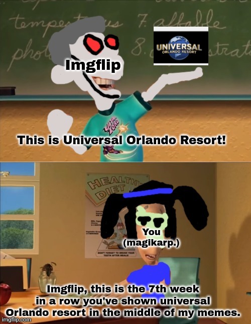 Stop It Universal Orlando Resort! | Imgflip; This is Universal Orlando Resort! You (magikarp.); Imgflip, this is the 7th week in a row you've shown universal Orlando resort in the middle of my memes. | image tagged in zane's show and tell,universal studios,memes,funny,why are you reading this | made w/ Imgflip meme maker