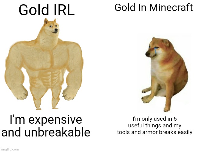 Buff Doge vs. Cheems | Gold IRL; Gold In Minecraft; I'm expensive and unbreakable; I'm only used in 5 useful things and my tools and armor breaks easily | image tagged in memes,buff doge vs cheems,minecraft,gold | made w/ Imgflip meme maker