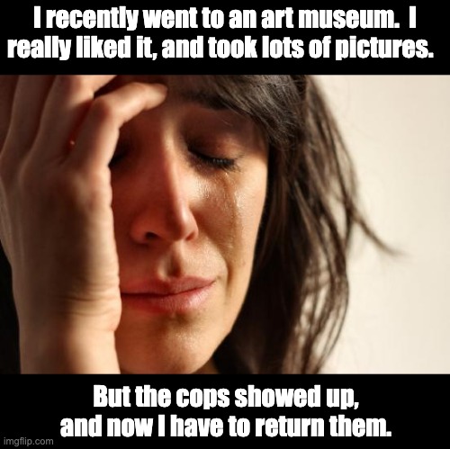 Pictures | I recently went to an art museum.  I really liked it, and took lots of pictures. But the cops showed up, and now I have to return them. | image tagged in memes,first world problems | made w/ Imgflip meme maker