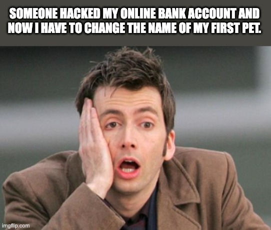 Hacked | SOMEONE HACKED MY ONLINE BANK ACCOUNT AND NOW I HAVE TO CHANGE THE NAME OF MY FIRST PET. | image tagged in face palm | made w/ Imgflip meme maker
