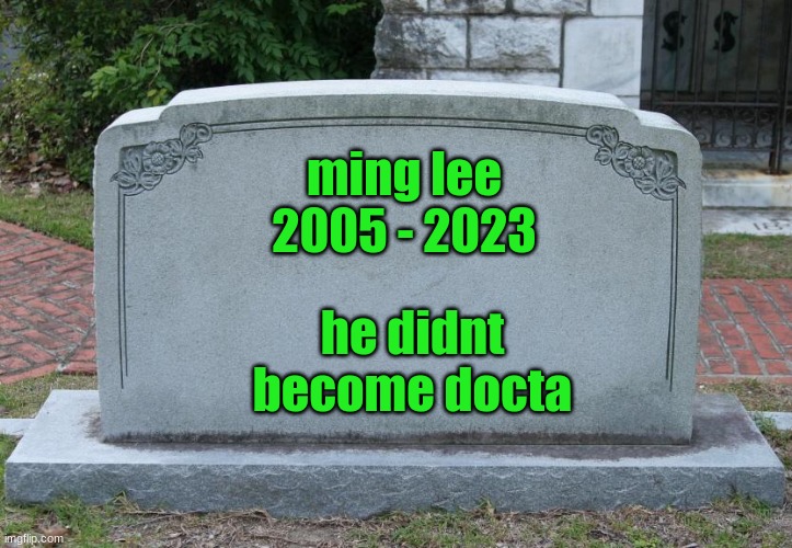 Gravestone | ming lee
2005 - 2023; he didnt become docta | image tagged in gravestone | made w/ Imgflip meme maker
