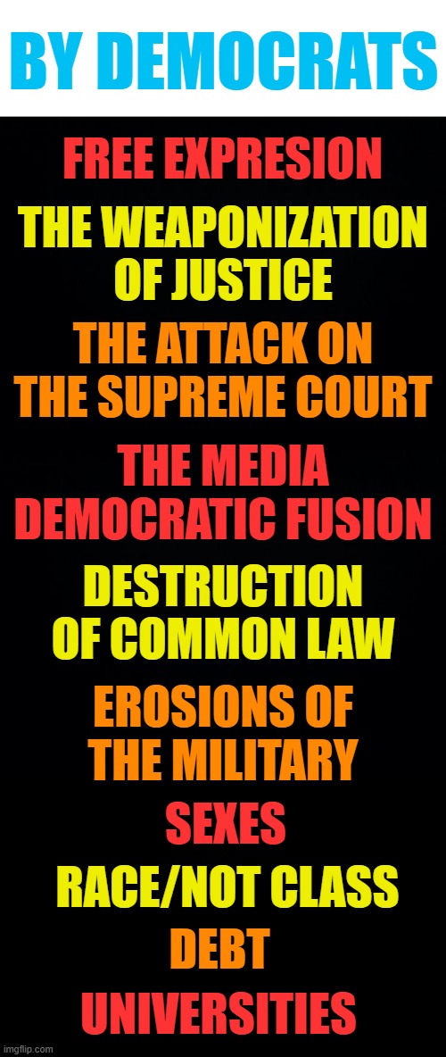 American Ways Of Life Under Attack | BY DEMOCRATS; FREE EXPRESION; THE WEAPONIZATION OF JUSTICE; THE ATTACK ON THE SUPREME COURT; THE MEDIA DEMOCRATIC FUSION; DESTRUCTION OF COMMON LAW; EROSIONS OF THE MILITARY; SEXES; RACE/NOT CLASS; DEBT; UNIVERSITIES | image tagged in memes,politics,democrats,attack,american,culture | made w/ Imgflip meme maker