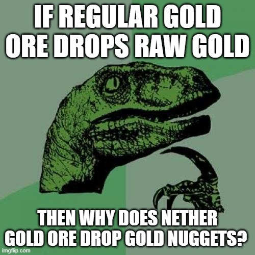 Philosoraptor | IF REGULAR GOLD ORE DROPS RAW GOLD; THEN WHY DOES NETHER GOLD ORE DROP GOLD NUGGETS? | image tagged in memes,philosoraptor | made w/ Imgflip meme maker