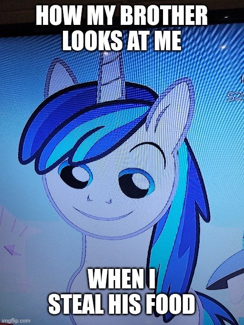 Can't you tell he wants to kill me? | HOW MY BROTHER LOOKS AT ME; WHEN I STEAL HIS FOOD | image tagged in my little pony,siblings,haha | made w/ Imgflip meme maker