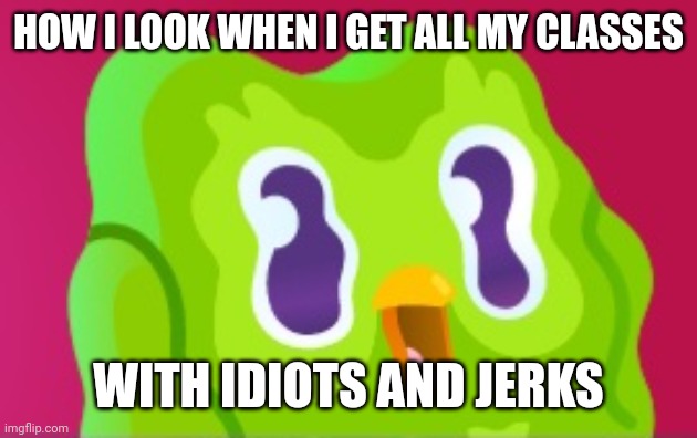 Most are stupid jerks | HOW I LOOK WHEN I GET ALL MY CLASSES; WITH IDIOTS AND JERKS | image tagged in school,depression,idiocy | made w/ Imgflip meme maker