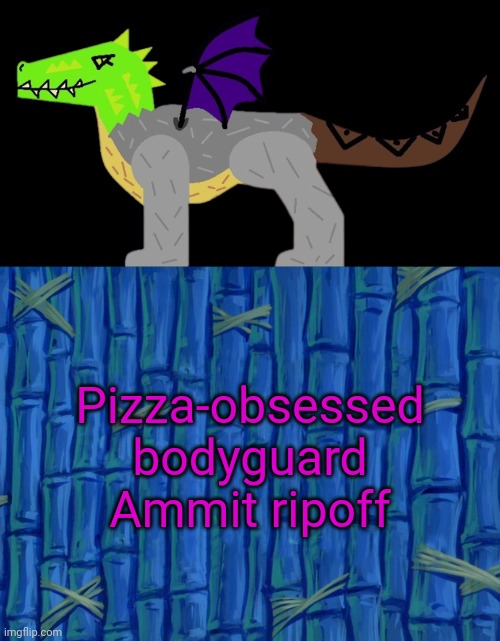 ICYDK Ammit was an Egyptian goddess with a crocodile head, lion body, and hippo back | Pizza-obsessed bodyguard Ammit ripoff | image tagged in montie the monstrosity,spongebob title card meme | made w/ Imgflip meme maker