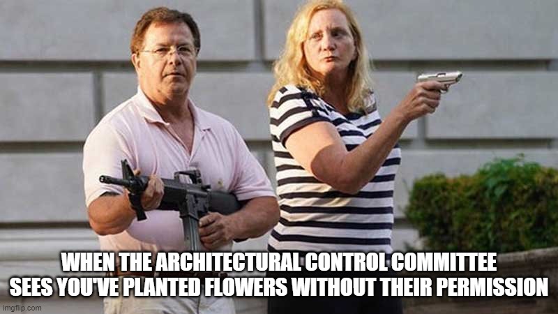 Ridiculous HOA | WHEN THE ARCHITECTURAL CONTROL COMMITTEE SEES YOU'VE PLANTED FLOWERS WITHOUT THEIR PERMISSION | image tagged in st louis gun couple | made w/ Imgflip meme maker