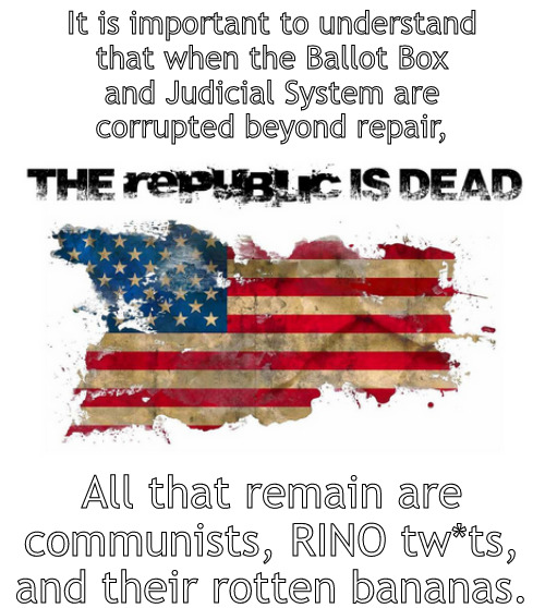communists and RINO tw*ts are all that remain | It is important to understand
that when the Ballot Box
and Judicial System are
corrupted beyond repair, All that remain are communists, RINO tw*ts, and their rotten bananas. | image tagged in memes,politics,uniparty,democrats,republicans,rinos | made w/ Imgflip meme maker