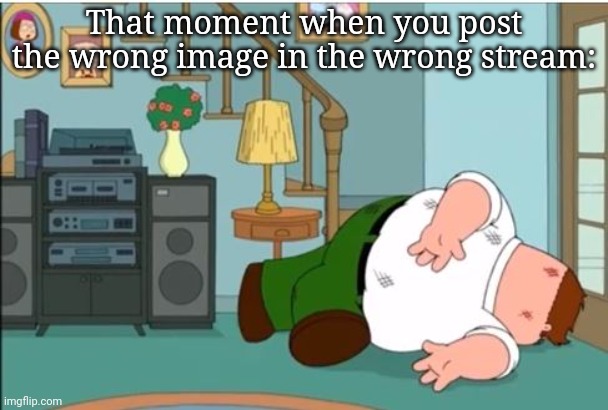Dead asf | That moment when you post the wrong image in the wrong stream: | image tagged in peter griffin dead | made w/ Imgflip meme maker