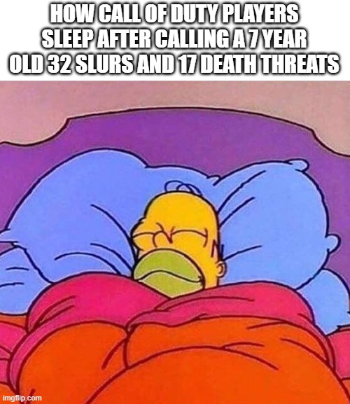 Homer Simpson sleeping peacefully | HOW CALL OF DUTY PLAYERS SLEEP AFTER CALLING A 7 YEAR OLD 32 SLURS AND 17 DEATH THREATS | image tagged in homer simpson sleeping peacefully | made w/ Imgflip meme maker