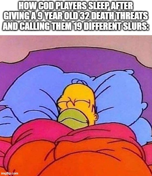 if you've ever been in a CoD vc before, you know this is real | HOW COD PLAYERS SLEEP AFTER GIVING A 9 YEAR OLD 32 DEATH THREATS AND CALLING THEM 19 DIFFERENT SLURS: | image tagged in homer simpson sleeping peacefully,cod | made w/ Imgflip meme maker