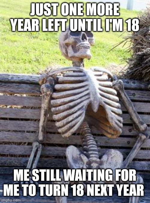 Today's my 17th birthday | JUST ONE MORE YEAR LEFT UNTIL I'M 18; ME STILL WAITING FOR ME TO TURN 18 NEXT YEAR | image tagged in waiting skeleton,happy birthday,aj super star,17th birthday,true 2000s kid,gen z | made w/ Imgflip meme maker