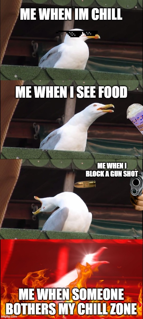 Inhaling Seagull | ME WHEN IM CHILL; ME WHEN I SEE FOOD; ME WHEN I BLOCK A GUN SHOT; ME WHEN SOMEONE BOTHERS MY CHILL ZONE | image tagged in memes,inhaling seagull | made w/ Imgflip meme maker