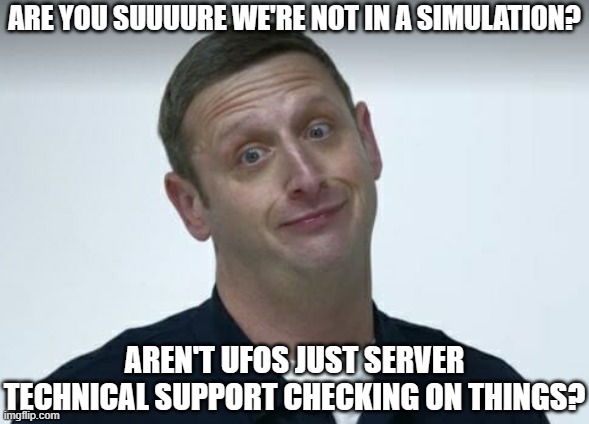 And solar flares are just power surges. | ARE YOU SUUUURE WE'RE NOT IN A SIMULATION? AREN'T UFOS JUST SERVER TECHNICAL SUPPORT CHECKING ON THINGS? | image tagged in tim robinson are you sure about that,reality is simulation,ufos | made w/ Imgflip meme maker