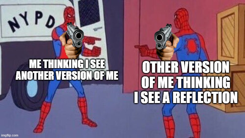 spidermans..? | ME THINKING I SEE ANOTHER VERSION OF ME; OTHER VERSION OF ME THINKING I SEE A REFLECTION | image tagged in spiderman pointing at spiderman | made w/ Imgflip meme maker