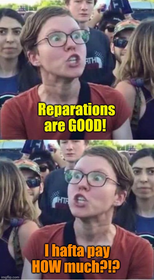 Angry Liberal Hypocrite | Reparations are GOOD! I hafta pay HOW much?!? | image tagged in angry liberal hypocrite | made w/ Imgflip meme maker