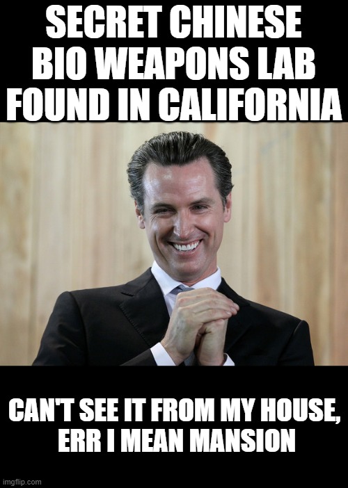 they care about your vote and your money, thats it | SECRET CHINESE BIO WEAPONS LAB FOUND IN CALIFORNIA; CAN'T SEE IT FROM MY HOUSE,
 ERR I MEAN MANSION | image tagged in scheming gavin newsom,crooked,nancy pelosi | made w/ Imgflip meme maker