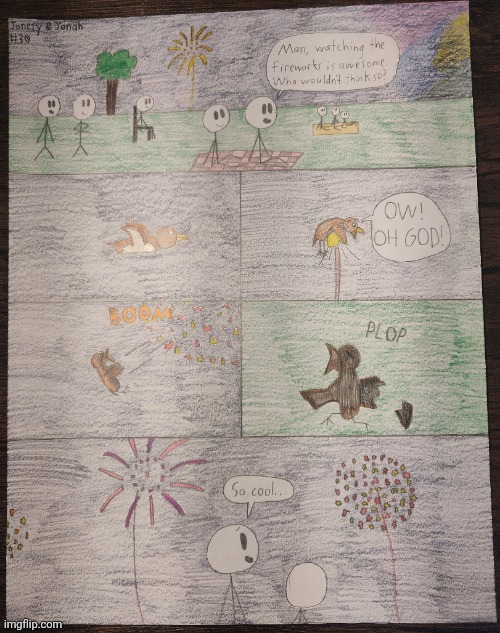 My own work :) (#3,074) | image tagged in comics/cartoons,comics,flick7,4th of july,fireworks,birds | made w/ Imgflip meme maker