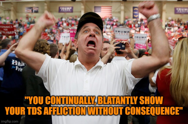 Imgflip mod triggered | "YOU CONTINUALLY, BLATANTLY SHOW YOUR TDS AFFLICTION WITHOUT CONSEQUENCE" | image tagged in trump supporter triggered,imgflip mods,more projection,tds,no u | made w/ Imgflip meme maker