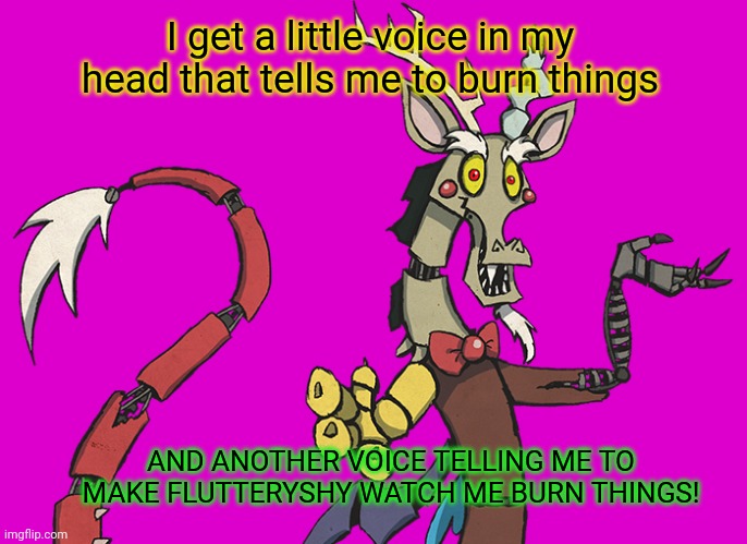 I get a little voice in my head that tells me to burn things AND ANOTHER VOICE TELLING ME TO MAKE FLUTTERYSHY WATCH ME BURN THINGS! | made w/ Imgflip meme maker