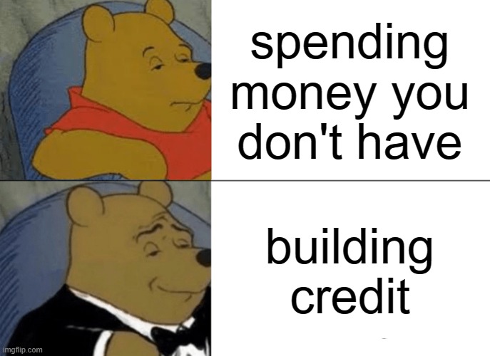 credit cards are fun | spending money you don't have; building credit | image tagged in memes,tuxedo winnie the pooh | made w/ Imgflip meme maker