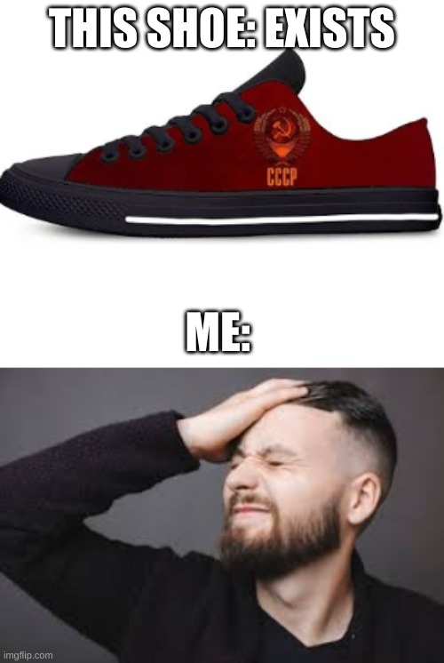 The Soviet Shoe | THIS SHOE: EXISTS; ME: | image tagged in funny,soviet union,shoes,slap,russia,original | made w/ Imgflip meme maker