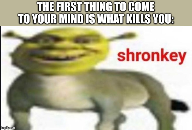 oh god no | THE FIRST THING TO COME TO YOUR MIND IS WHAT KILLS YOU: | image tagged in shronkey,shrek,iceu,dank memes,funny,shitpost | made w/ Imgflip meme maker