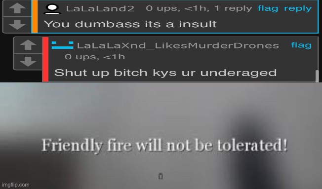 Friendly fire will not be tolerated | image tagged in friendly fire will not be tolerated | made w/ Imgflip meme maker