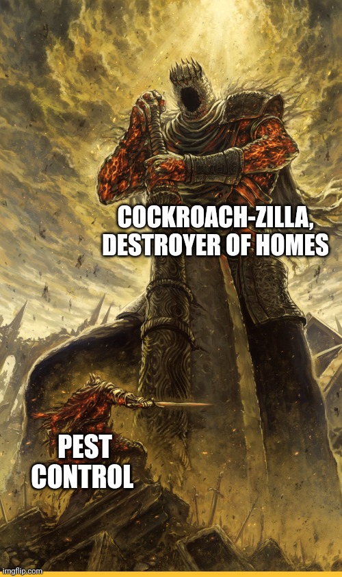 Cockroach-zilla, I challenge you to a duel!!! | COCKROACH-ZILLA, DESTROYER OF HOMES; PEST CONTROL | image tagged in fantasy painting | made w/ Imgflip meme maker