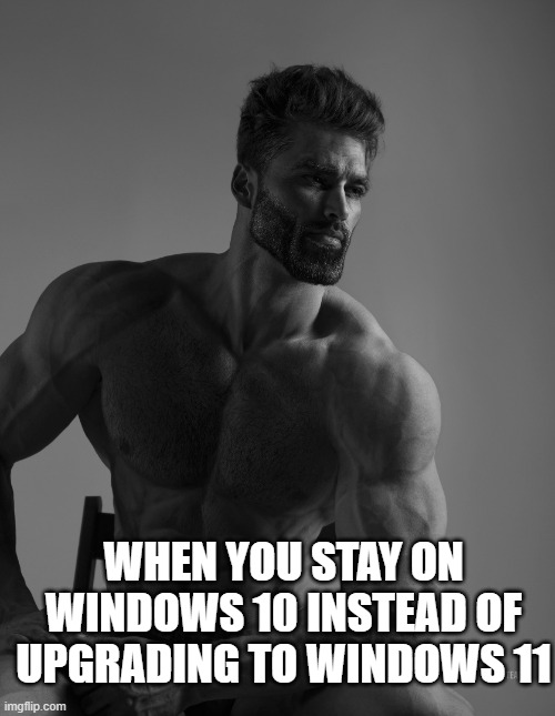 Giga Chad | WHEN YOU STAY ON WINDOWS 10 INSTEAD OF UPGRADING TO WINDOWS 11 | image tagged in giga chad | made w/ Imgflip meme maker
