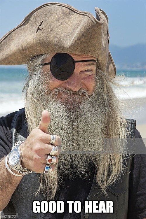 PIRATE THUMBS UP | GOOD TO HEAR | image tagged in pirate thumbs up | made w/ Imgflip meme maker