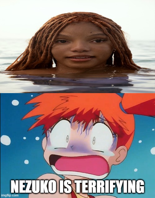 misty is scared of nezuko | NEZUKO IS TERRIFYING | image tagged in misty is scared of what,nezuko,misty,scary,demon slayer,nintendo | made w/ Imgflip meme maker