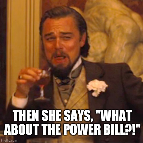 Laughing Leo Meme | THEN SHE SAYS, "WHAT ABOUT THE POWER BILL?!" | image tagged in memes,laughing leo | made w/ Imgflip meme maker