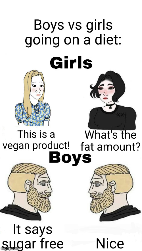 what's the best way to go on a diet... | Boys vs girls going on a diet:; This is a vegan product! What's the fat amount? Nice; It says sugar free | image tagged in girls vs boys,so true,sugar,vegan,logic,funny | made w/ Imgflip meme maker
