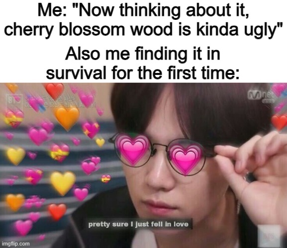 Goodness, I love it ;) | Me: "Now thinking about it, cherry blossom wood is kinda ugly"; Also me finding it in survival for the first time: | image tagged in pretty sure i just fell in love | made w/ Imgflip meme maker