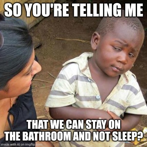 That's not what the bathroom's for... | SO YOU'RE TELLING ME; THAT WE CAN STAY ON THE BATHROOM AND NOT SLEEP? | image tagged in memes,third world skeptical kid | made w/ Imgflip meme maker
