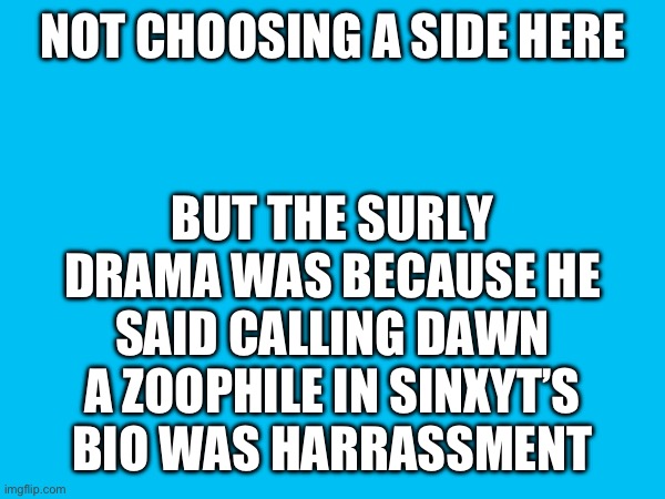 NOT CHOOSING A SIDE HERE; BUT THE SURLY DRAMA WAS BECAUSE HE SAID CALLING DAWN A ZOOPHILE IN SINXYT’S BIO WAS HARRASSMENT | made w/ Imgflip meme maker