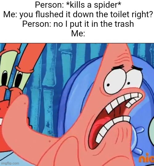 Meme #3,098 | Person: *kills a spider*
Me: you flushed it down the toilet right?
Person: no I put it in the trash
Me: | image tagged in patrick star whyyy,memes,relatable,spider,scary,toilet | made w/ Imgflip meme maker